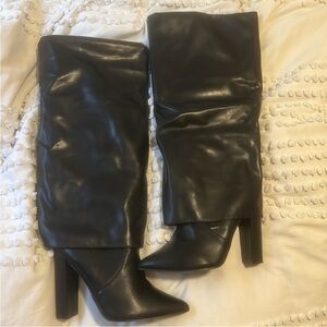 BOOHOO LEATHER FOLD OVER BOOTS 7 WIDE CALF NEW SHARK
